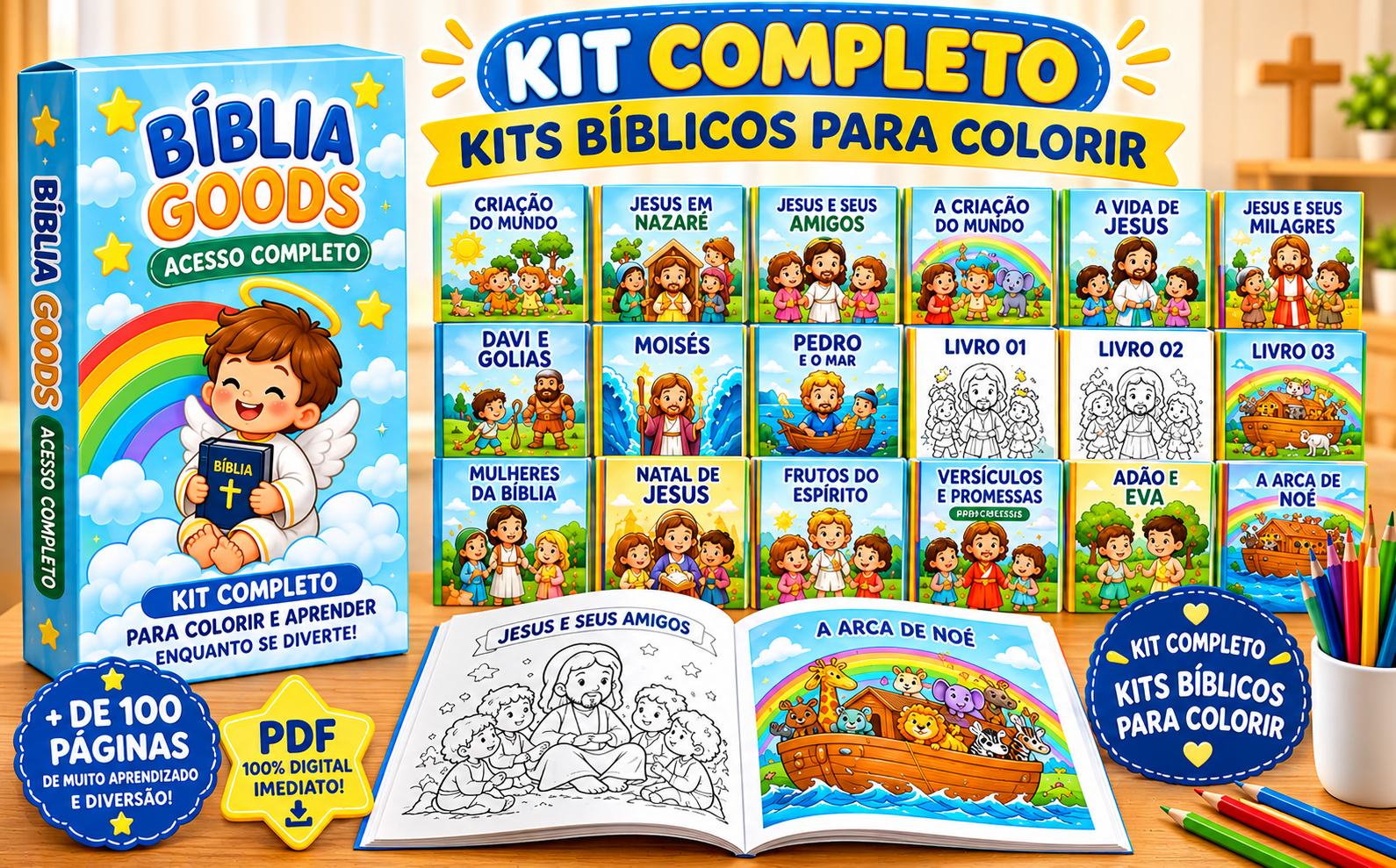 Kit Bíblia Goods - caixa, 21 livrinhos bíblicos para colorir e livro aberto com desenho da Arca de Noé